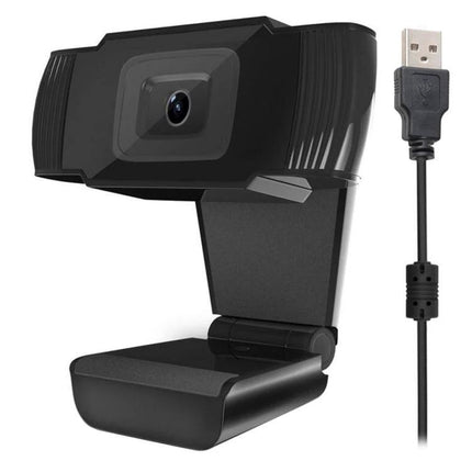 USB Webcam with Built-in Microphone for PC and Laptop Video Calls, black USB plug, adjustable clip-on stand, true-color video