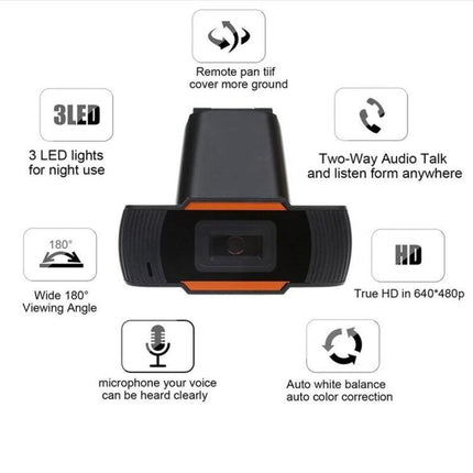 USB Webcam with Built-in Microphone for PC and Laptop Video Calls showing camera front, adjustable angle, LED lights, wide 180° view, HD and two-way audio