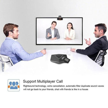 USB Webcam with Built-in Microphone for PC and Laptop Video Calls showing business meeting setup with screen and conference camera