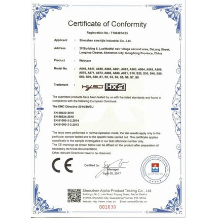 USB Webcam with Built-in Microphone for PC and Laptop Video Calls certificate of conformity document showing compliance and CE mark