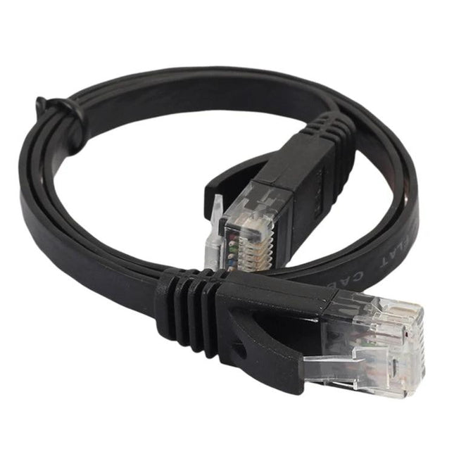 Flat CAT6 Ethernet Cable for Home Network Connections, 0.5m - black flat copper cable coiled with RJ45 connectors for under-carpet and wall routing