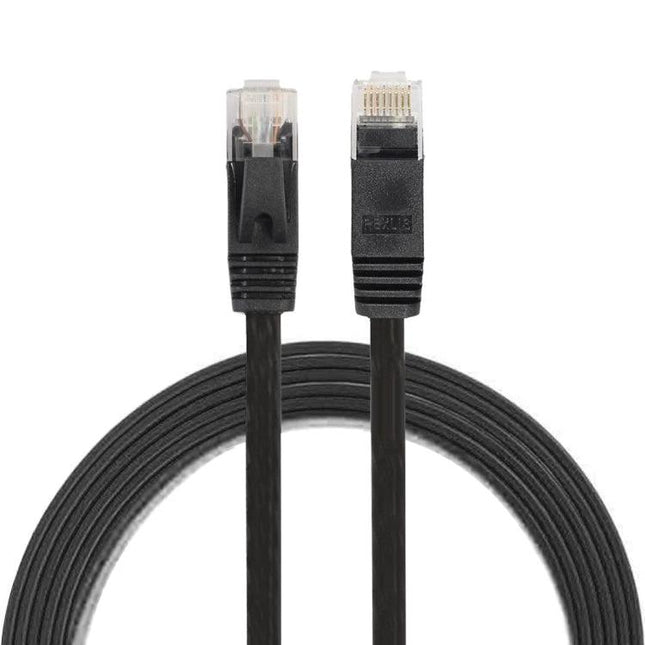 Flat 1.8 Meter Ethernet Cable for Home Networking - low-profile flat black cable with RJ45 connectors, ideal for running under carpets and along walls