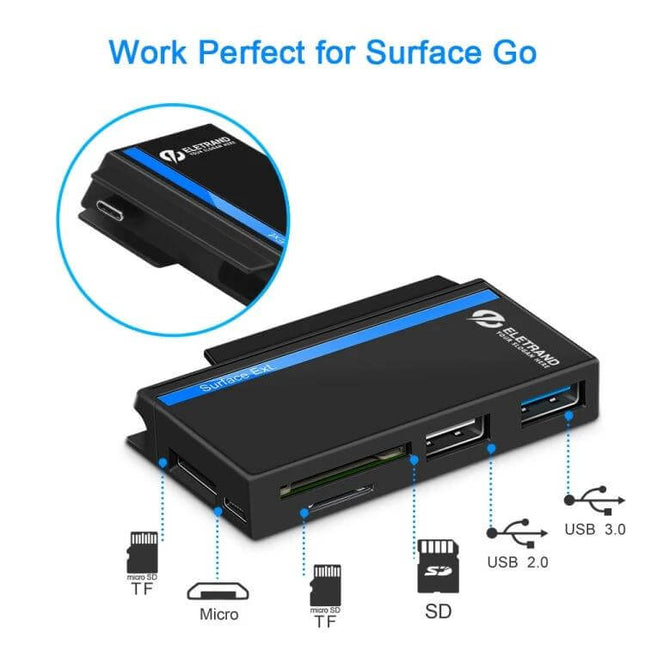Rocketek USB Hub for Microsoft Surface Go with Multiple Ports — compact multiport adapter with SD, microSD, USB 3.0 and USB 2.0 for Surface Go