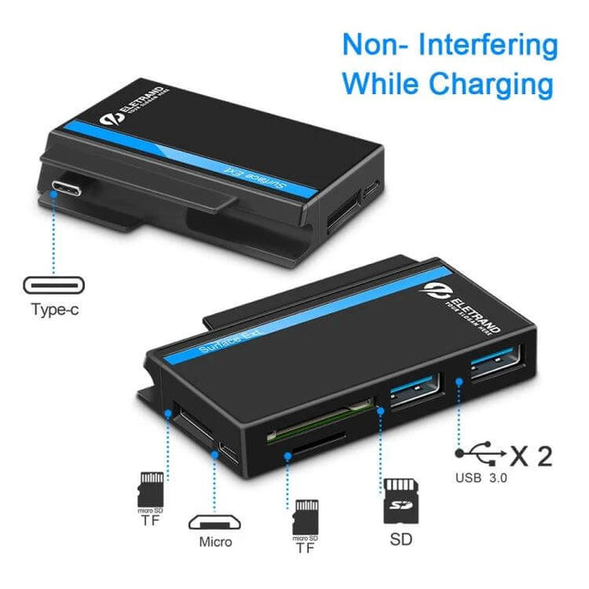 Rocketek USB Hub for Microsoft Surface Go with Card Slots showing Type-C, microSD, SD and dual USB 3.0 ports