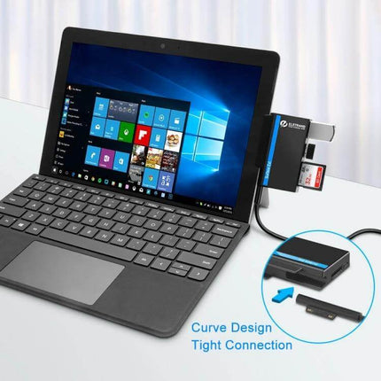 Rocketek USB Hub for Microsoft Surface Go with Card Slots attached to Surface Go showing memory cards and USB devices