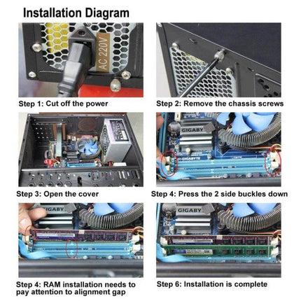 XIEDE 4GB DDR3 Memory Module for Desktop Computer Upgrades installation diagram showing RAM being inserted into desktop motherboard