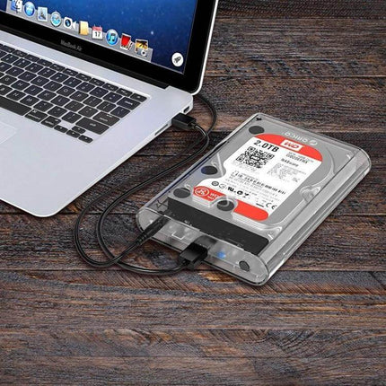 Orico External Hard Drive Enclosure for 3.5 Inch Storage Needs connected to laptop showing tool-free slider and portable 3.5" HDD