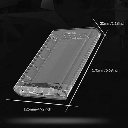Orico External Hard Drive Enclosure for 3.5 Inch Storage Needs transparent tool-free slider design with USB port and dimensions shown