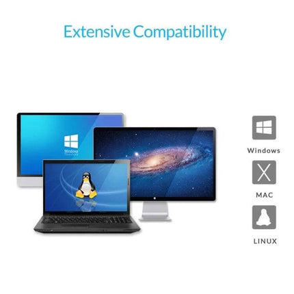 Orico External Hard Drive Enclosure for 3.5 Inch Storage Needs showing compatibility with Windows Mac and Linux desktops and laptops