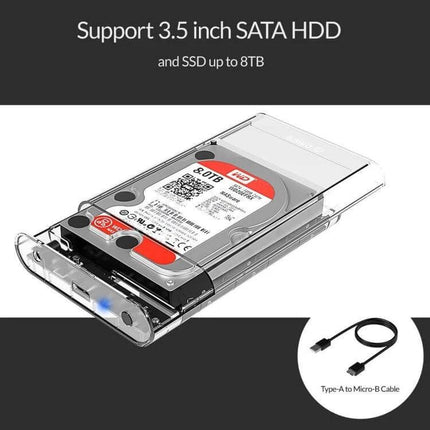 Orico External Hard Drive Enclosure for 3.5 Inch Storage Needs - clear tool-free 3.5" SATA HDD enclosure with Type-A to Micro-B cable