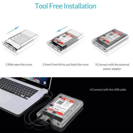 Orico External Hard Drive Enclosure for 3.5 Inch Storage Needs showing tool-free slider installation and USB connection to laptop