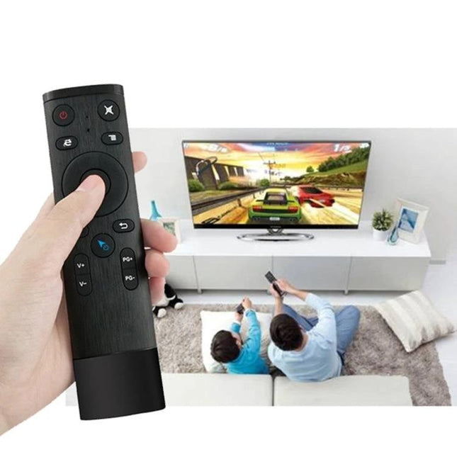Universal 3D Air Mouse Remote Controller for Smart TVs and Computers shown controlling a living room TV with gesture navigation