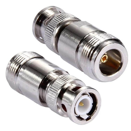 N Female to BNC Male Connector for Antennas and Cables - nickel-plated adapter for CCTV, amateur radio and cable links, close-up of two connectors