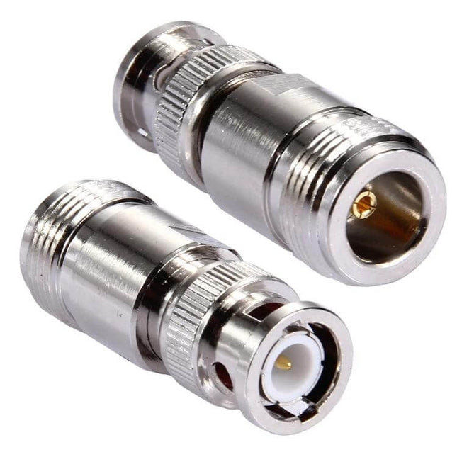 N Female to BNC Male Connector for Antennas and Cables - nickel-plated adapter for CCTV, amateur radio and cable links, close-up of two connectors