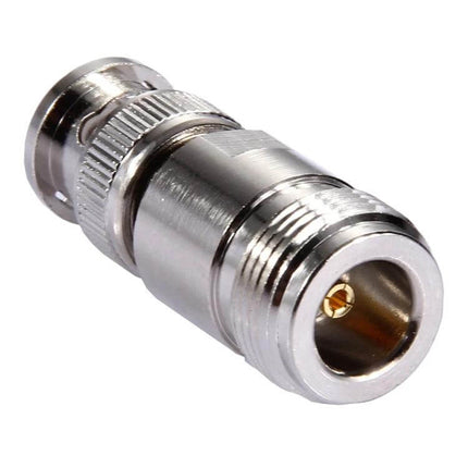 N Female to BNC Male Connector for Antennas and Cables – close-up photo of silver adapter joining N female to BNC male for antennas and cables