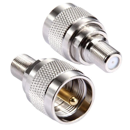 F-Type Female to UHF Male Connector for Antennas and Cables metal adapter shown from two angles, knurled grip and threaded ends