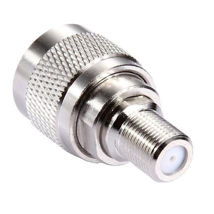 F-Type Female to UHF Male Connector for Antennas and Cables showing metallic adapter with knurled grip and threaded UHF male end