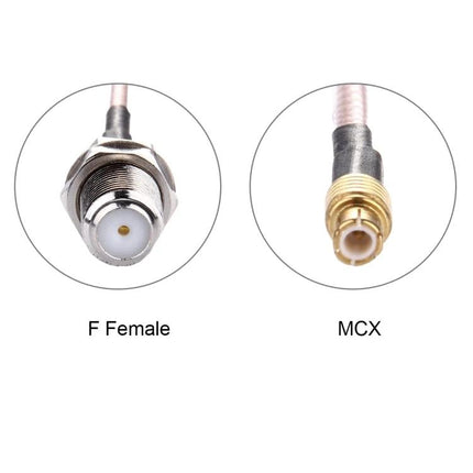 15cm RG316 MCX to F Female Cable for Antennas and Wi-Fi - close-up of F female and MCX connectors on short RG316 cable