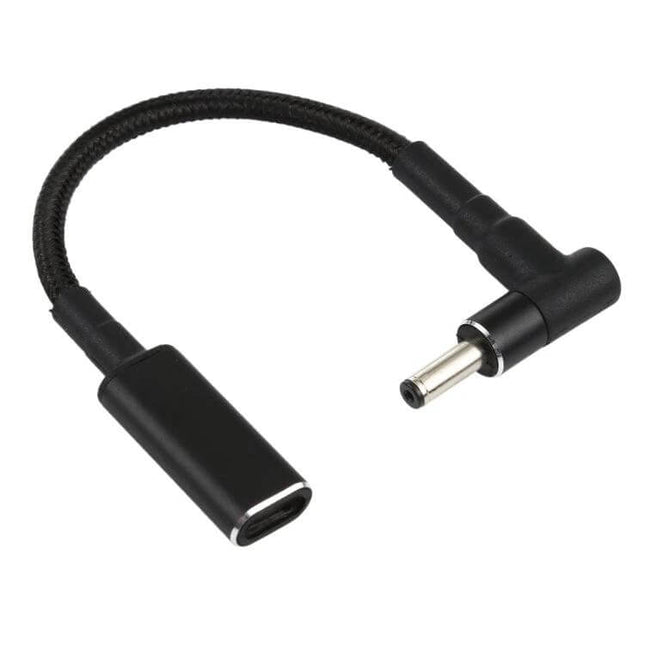 Nylon Braid USB-C to 4.0mm Barrel Adapter Cable for Device Charging, short black right-angle charging adapter cable