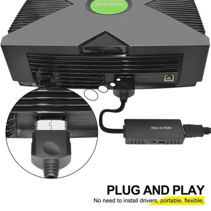 Digital HDMI Converter for Xbox to Modern TV Connections plugged into original Xbox showing HDMI output cable and plug-and-play setup