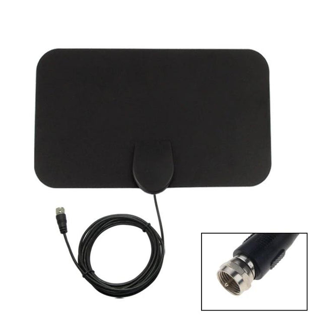 Indoor HDTV Antenna with Amplifier for Clear TV Reception — slim black indoor HDTV antenna with 10ft coaxial cable and F-type connector