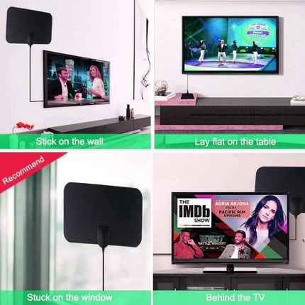 Indoor HDTV Antenna with Amplifier for Clear TV Reception mounted on wall, window, table, and behind TV for better indoor signal