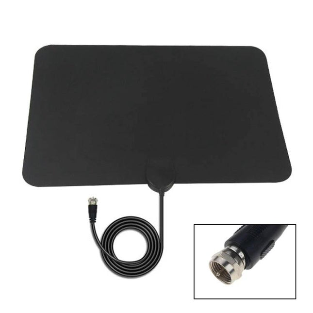 Indoor HDTV Antenna with Amplifier for Enhanced Signal Reception thin flat indoor antenna with coax cable and F-type connector for amplified TV signal