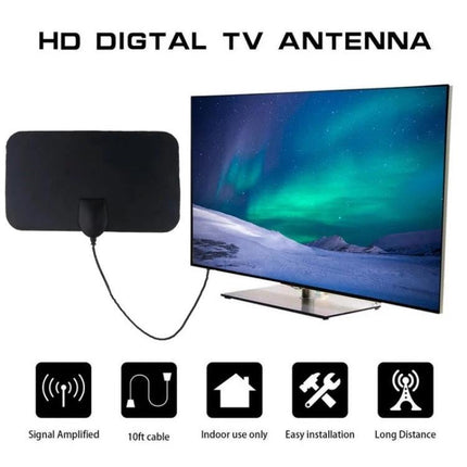 Indoor HDTV Antenna with Amplifier for Enhanced Signal Reception - flat indoor amplified HDTV antenna connected to TV, easy installation, 10ft cable