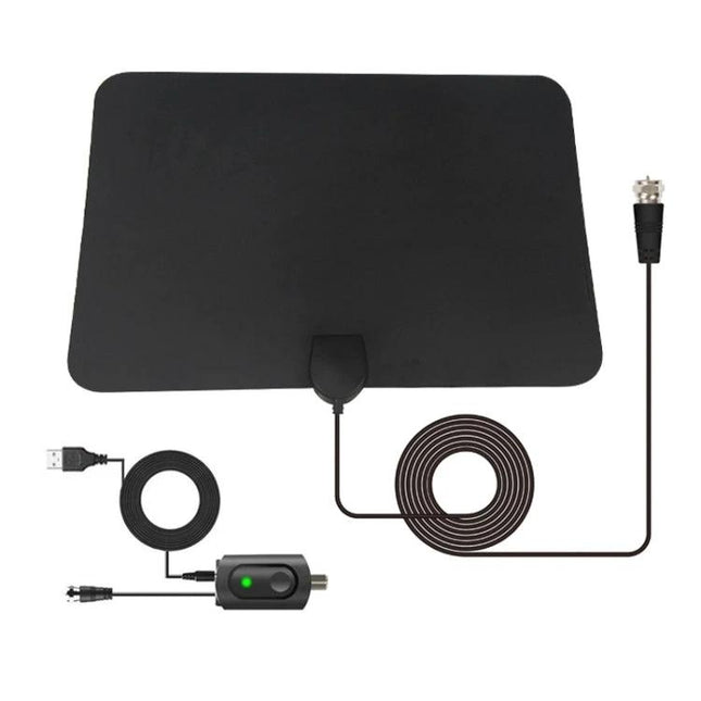 Indoor HDTV Antenna with Signal Amplifier for Local Channels flat black indoor antenna with amplifier, USB power and coax cable for VHF/UHF reception