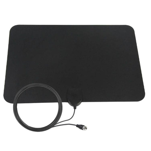 Indoor HDTV Antenna with Signal Amplifier for Local Channels black flat indoor antenna with coax cable for VHF UHF reception