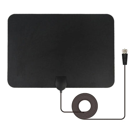 Indoor HDTV Antenna with Signal Amplifier for Local Channels — thin black indoor HDTV antenna with 10ft coax cable for VHF/UHF reception