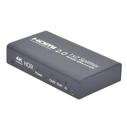 HDMI 1x2 Switch Splitter for 4K Video Distribution to Two Displays black 4K HDR HDMI 2.0 1x2 splitter showing ports and LED indicators
