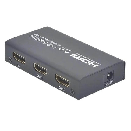 HDMI 1x2 Switch Splitter for 4K Video Distribution to Two Displays compact black HDMI 2.0 box with one input, two outputs and DC 5V port