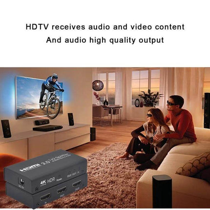 HDMI 1x2 Switch Splitter for 4K Video Distribution to Two Displays - family watching 4K TV with dual-output HDMI splitter in living room