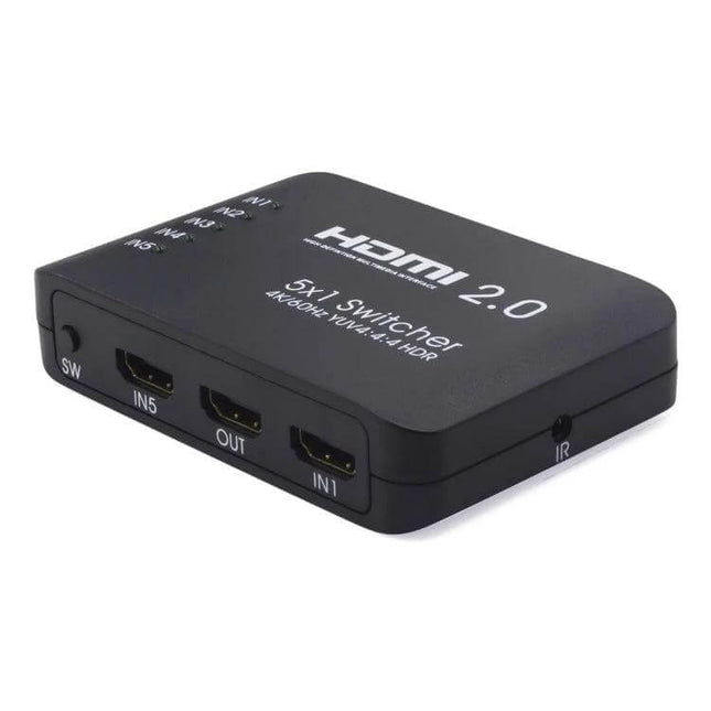 HDMI Switch for Connecting Multiple 4K Video Sources at Home - 5x1 HDMI 2.0 switcher with five inputs and one output, IR remote compatible