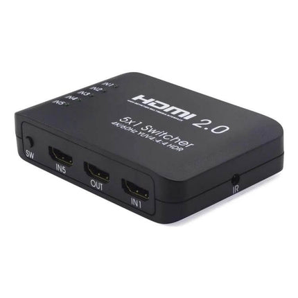 HDMI Switch for Connecting Multiple 4K Video Sources at Home - 5x1 HDMI 2.0 switcher with five inputs and one output, IR and compact black design