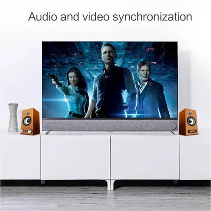 HDMI Switch for Connecting Multiple 4K Video Sources at Home showing TV setup with speakers and on-screen movie scene