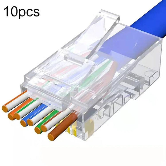 Cat6e Unshielded RJ45 Pass-Through Connectors, 10-Piece Set clear connector showing pass-through wires for easy Ethernet cable termination