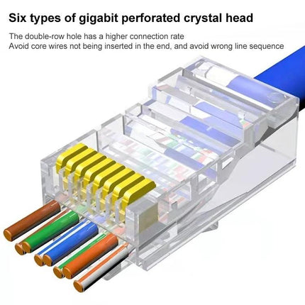 Cat6e Unshielded RJ45 Pass-Through Connectors, 10-Piece Set close-up showing clear pass-through plug with gold contacts and wire cores