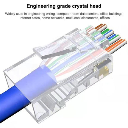 Cat6e Unshielded RJ45 Pass-Through Connectors, 10-Piece Set close-up of pass-through RJ45 plug with wires threaded through for easy crimping
