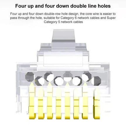 Cat6e Unshielded RJ45 Pass-Through Connectors, 10-Piece Set clear pass-through RJ45 connector showing eight gold contacts and double-row holes