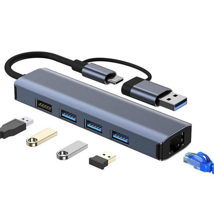 BYL Multifunctional USB-C Docking Station for Versatile Connectivity showing compact hub with multiple USB ports, USB-C and USB-A cables and connected peripherals