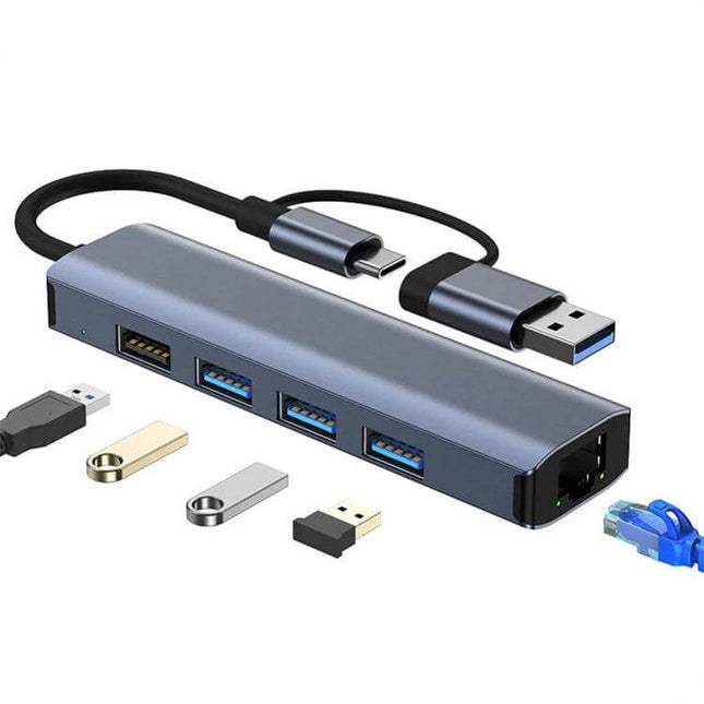 BYL Multifunctional USB-C Docking Station for Versatile Connectivity showing compact hub with multiple USB ports, USB-C and USB-A cables and connected peripherals