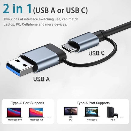 BYL Multifunctional USB-C Docking Station for Versatile Connectivity showing USB-A and USB-C 2-in-1 cable and multiple device compatibility