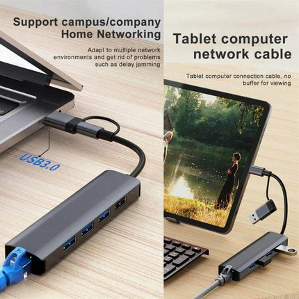BYL Multifunctional USB-C Docking Station for Versatile Connectivity connected to laptop and tablet showing multiple USB and network ports in compact design