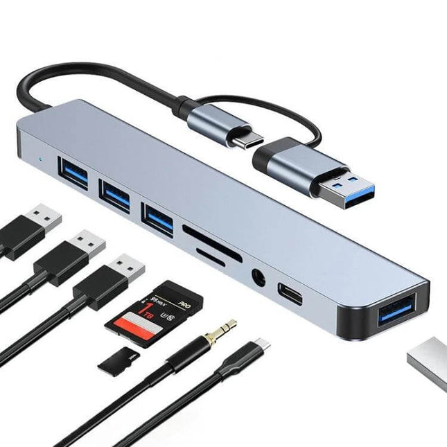 8-in-1 USB and USB-C Multifunctional Docking Station showing multiple USB-A, USB-C, SD card, microSD, and audio ports with connected cables