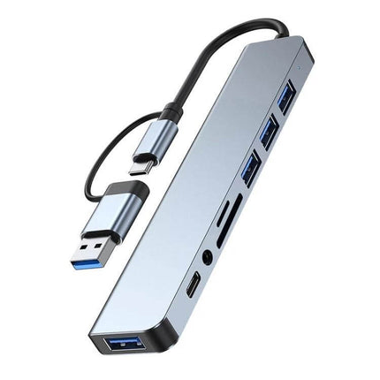 8-in-1 USB and USB-C Multifunctional Docking Station in silver showing USB-A, USB-C, SD card slots and audio port for laptops and tablets