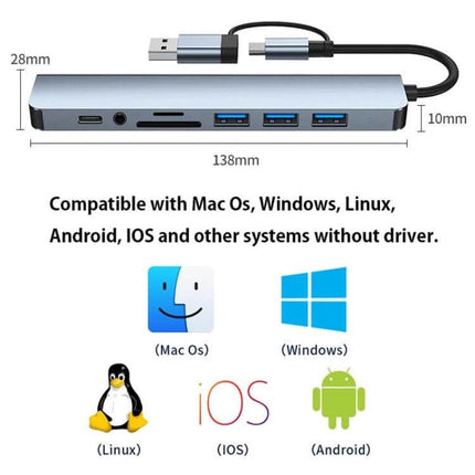 8-in-1 USB and USB-C Multifunctional Docking Station slim aluminum hub with SD card, 3x USB ports and dual connectors for Mac, Windows, Linux, iOS, Android