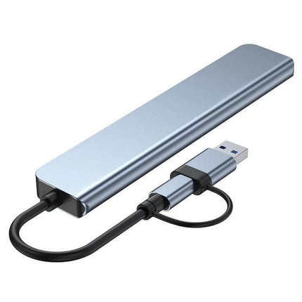8-in-1 USB and USB-C Multifunctional Docking Station in slim aluminum housing with USB and USB-C cable for laptops and tablets