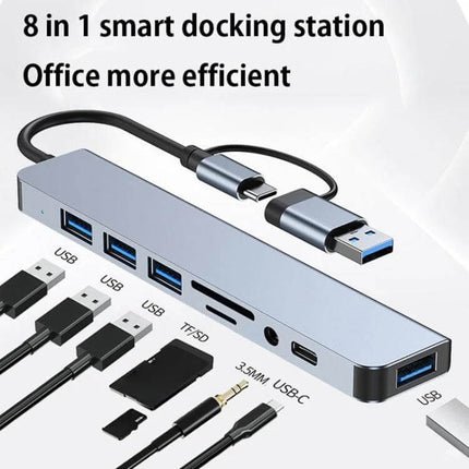 8-in-1 USB and USB-C Multifunctional Docking Station with multiple USB ports, SD/TF card slots, 3.5mm audio and USB-C for laptops and tablets